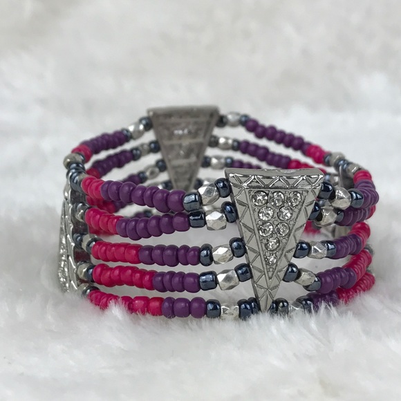 Pink Purple Beaded Stretch Bracelet Rhinestone Geo - Picture 1 of 9